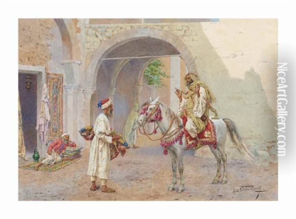 Arab Horseman Conversing With A Carpet Merchant Oil Painting - Giulio Rosati