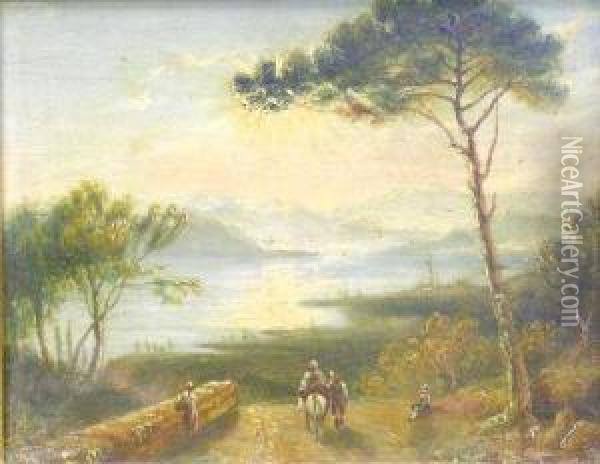 Continental View With Figures On A Road With Lakes And Mountains In The Distance Oil Painting - Austin Augustus Turner