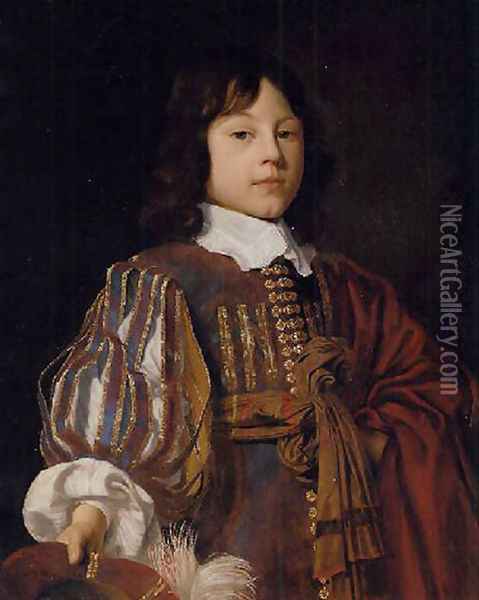 Portrait of a young gentleman in a burgundy doublet with slashed sleeves and a sash, a feathered cap in hand Oil Painting - Jan Mytens