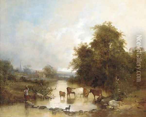 Cattle watering at the stepping stones Oil Painting - Edward Charles Williams