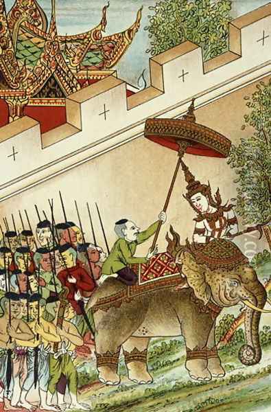 Vey Vonsga Mounting his Elephant Whilst his Army Wait, illustration from the Cambodian Legend of 'Vorvong and Saurivong', collected by Auguste Pavie on his Mission in Indo-China, 1879-95 Oil Painting - Anonymous Artist