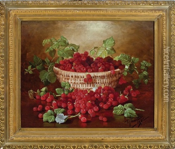 Still Life Of A Basket Of Raspberries Oil Painting - Edward Chalmers Leavitt