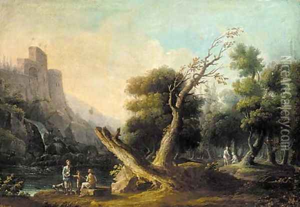 A river landscape with peasants conversing in the foreground, a hilltop castle beyond Oil Painting - Carlo Bonavia