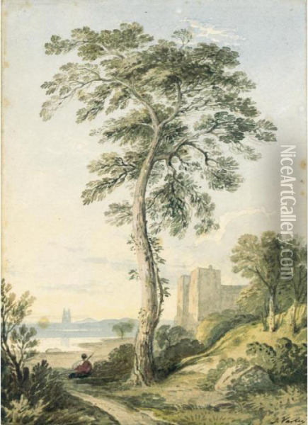Landscape With Large Tree And A Castle In The Distance Oil Painting - John Varley