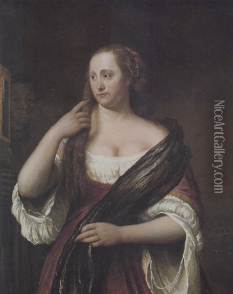 Eine Dame Mit Einer Perlenkette Im Haar Bei Ihrer Toilette Oil Painting - Philips Koninck