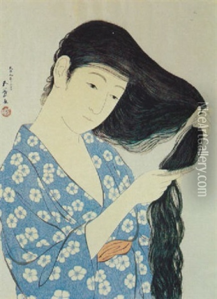 A Girl Combing Her Hair Oil Painting - Goyo Hashiguchi