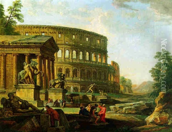 Architectural Capriccio With The Colosseum And The Temple Of Fortuna Virilis Oil Painting - Giovanni Paolo Panini