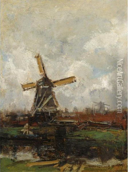 A Windmill In A Polder Landscape Oil Painting - Jacob Henricus Maris