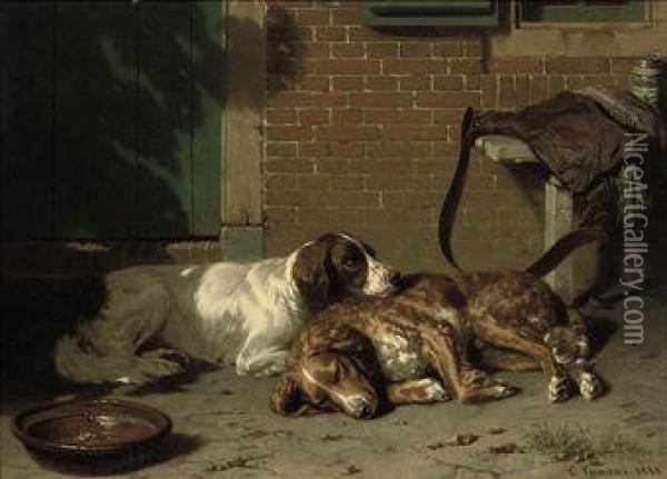 English Springer Spaniels Resting After The Hunt Oil Painting - Conradyn Cunaeus