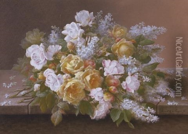 Pink Roses And White Lilacs (+ Yellow And Pink Roses And White Lilacs, Smllr; 2 Works) Oil Painting - Raoul Maucherat de Longpre