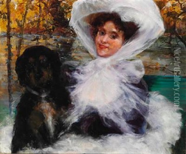 Elegant Lady With Her Dog In The Woods, Autumn Oil Painting - Giovanni Boldini