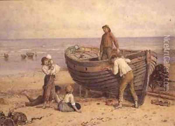 Boat figures and sea Oil Painting - Myles Birket Foster