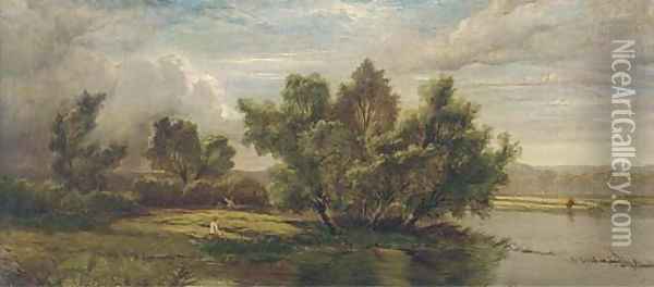 Anglers on a tranquil stretch of the river Oil Painting - Henry John Boddington