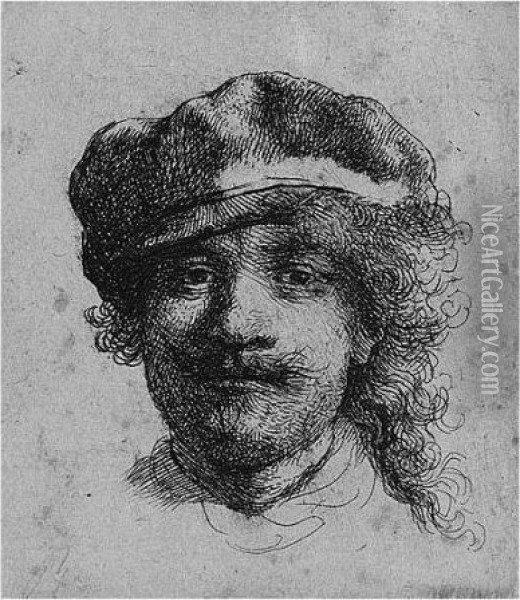 Self Portrait Wearing A Soft Cap: Full Face, Head Only (b., Holl.2; H.57; Bb.34-1) Oil Painting - Rembrandt Van Rijn