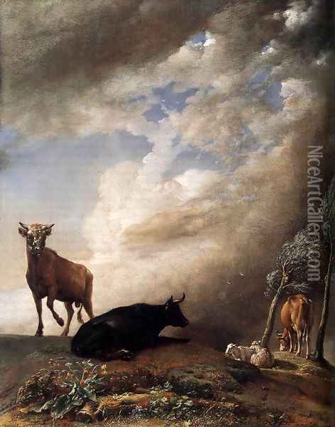 Cattle and Sheep in a Stormy Landscape Oil Painting - Paulus Potter