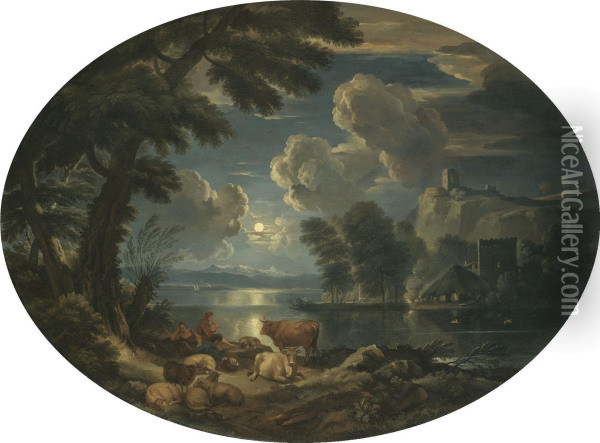 A Moonlit Scene With A Shepherd And Shepherdess Resting With Their Herd Beside A Lake Oil Painting - Pieter the Younger Mulier