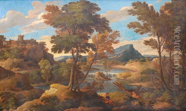 A Wooded River Landscape With Figures Restingbeside A Path Oil Painting - Etienne Allegrain