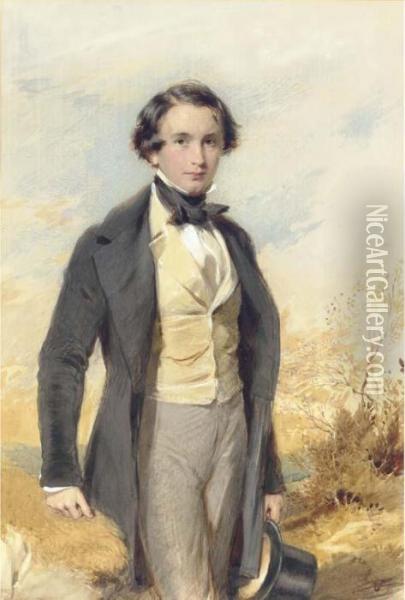 Portrait Of Jack Donne, Three-quarter Length, In A Black Coat Andyellow Waistcoat Oil Painting - George Richmond