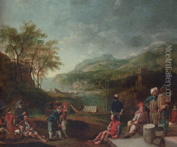 Oriental Merchants And Galley Slaves In A River Landscape Oil Painting - Jan Griffier the Elder