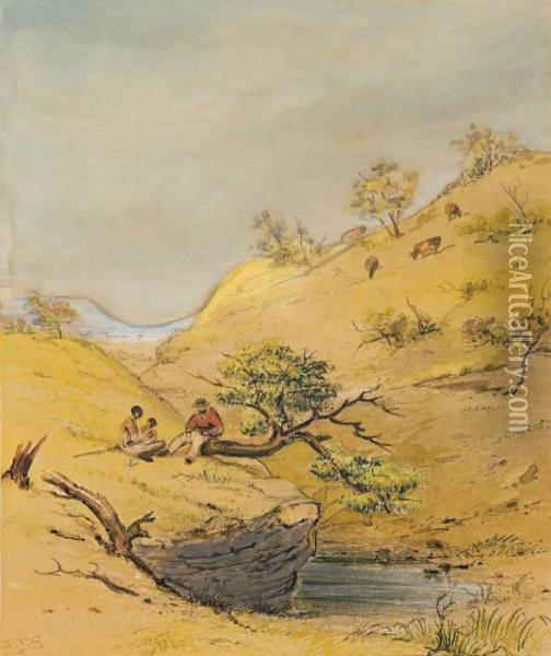 Natives And Pastoralist, Adelaide Hills Oil Painting - Samuel Thomas Gill