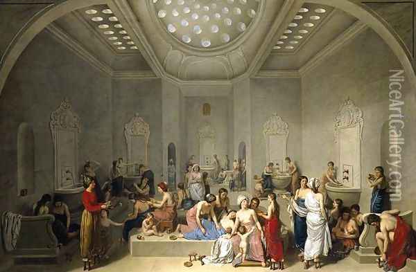 A Female Turkish Bath or Hammam 1785 Oil Painting - Jean-Jacques-Francois Lebarbier