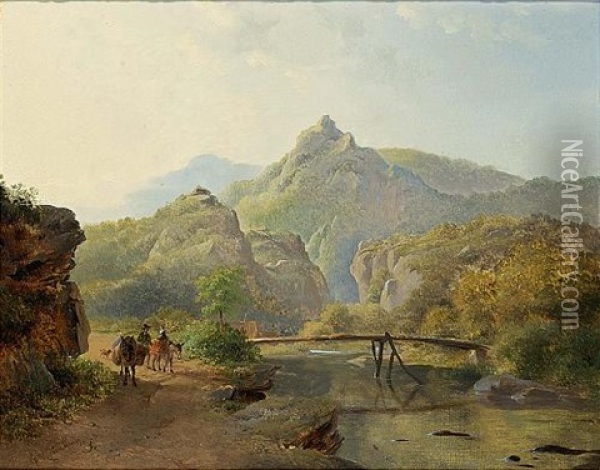 Travellers By A River In A Mountainous Landscape Oil Painting - Frederik Marinus Kruseman