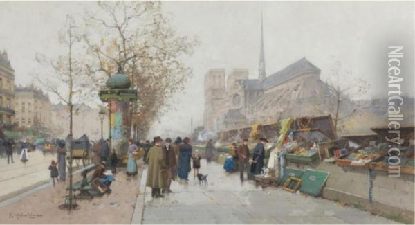 Bouquinistes On Le Quai De Tournelle, Paris Oil Painting - Eugene Galien-Laloue