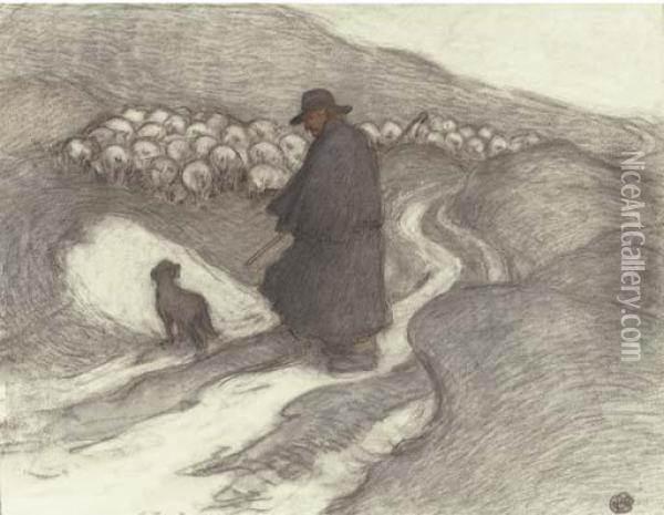 Shepherd And Flock On The Downs Oil Painting - Robert Polhill Bevan