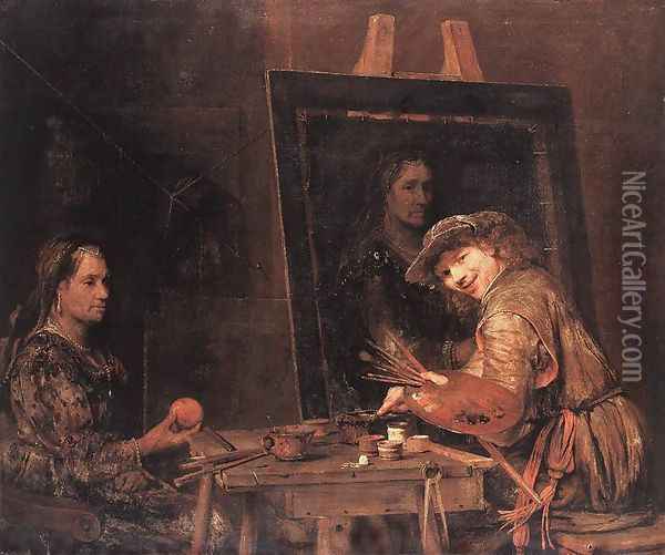 Self-Portrait at an Easel Painting an Old Woman 1685 Oil Painting - Aert De Gelder