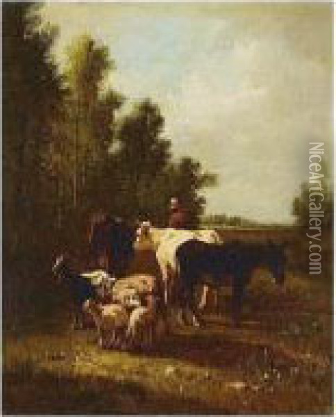 Cows, Donkey And Sheep Oil Painting - Andres Cortes Yaguilar