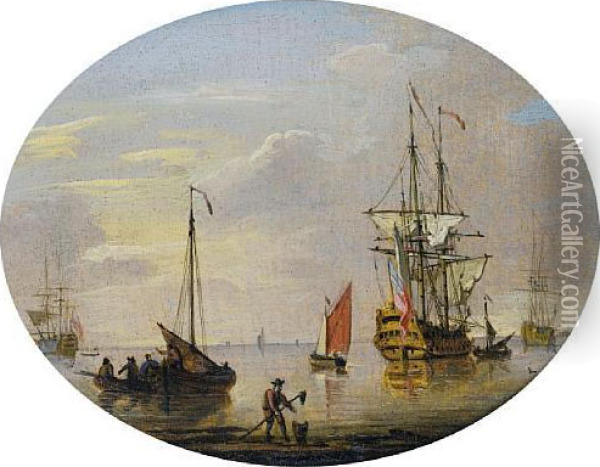 An English Frigate Anchored 
Offshore In A Calmand Drying Her Sails, With Small Craft Nearby Oil Painting - Francis Swaine