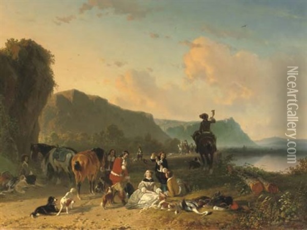 Ontspanning Na De Reigerjacht: An Elegant Hunting Party Oil Painting - Joseph Jodocus Moerenhout