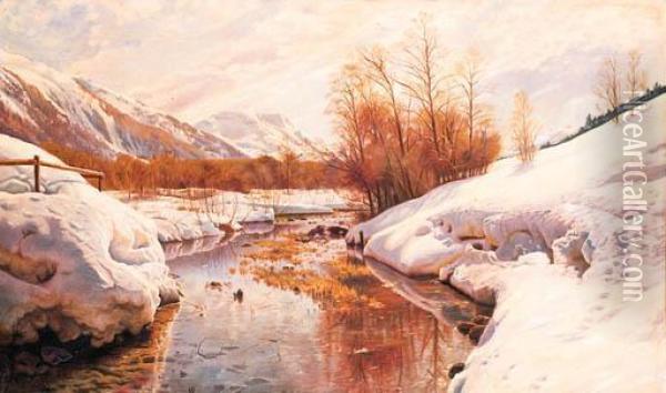 A Mountain Torrent In A Winter Landscape Oil Painting - Peder Mork Monsted