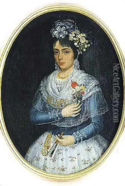 Retrato De Anciana Con Abanico / Retrato De Dama Joven Con Ramillete De Flores Oil Painting - Jose De Campeche