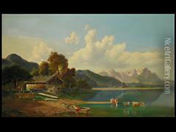 Alpenlandschaft Mit See Und Kuhen Oil Painting - Michael Lueger