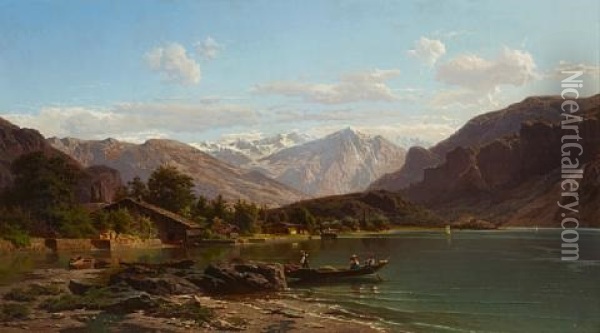 An Alpine Lake With Figures In A Boat In The Foreground Oil Painting - Jean Francois Xavier Roffiaen