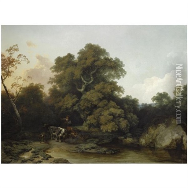 A Young Maid Watering The Cattle In A Wooded, River Landscape Oil Painting - Philip James de Loutherbourg