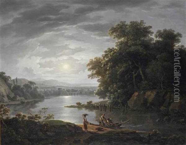 A Moonlit River Landscape With Fishermen Unloading Their Catch Oil Painting - Franz Scheyerer