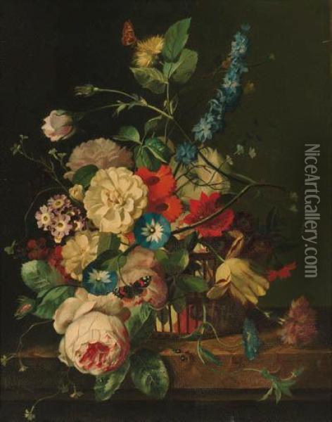 Roses, Peonies, Morning Glory, 
Tulips And Other Flowers In Abasket, With A Red Admiral And A Moth, On A
 Stone Plinth Oil Painting - Jan Van Huysum