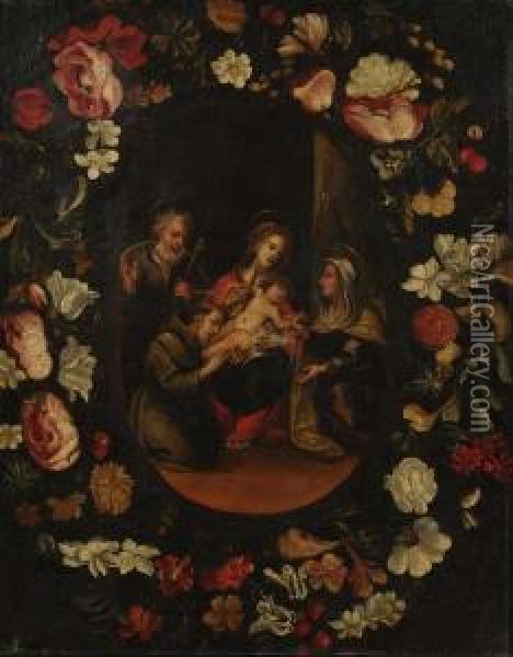 La Sacra Famiglia Con Sant'anna E San Francesco D'assisi,all'interno Di Una Ghirlanda Oil Painting - Giovanni Stanchi