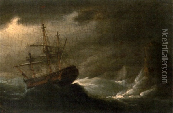 A Warship Heeling In The Breeze (+ A Warship In Dangerous Waters; 2 Works) Oil Painting - Francis Sartorius the Younger