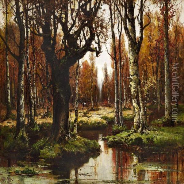 Quiet Autumn Day In A Russian Birch Forest Oil Painting - Iulii Iul'evich (Julius) Klever