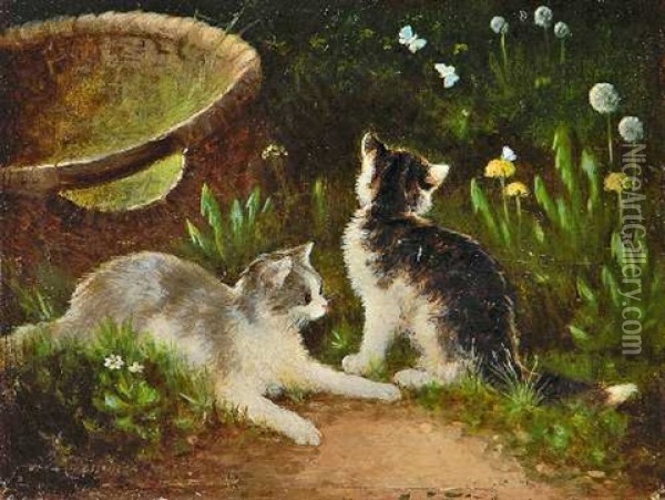 Zwei Katzchen Im Gras Oil Painting - Otto Scheuerer
