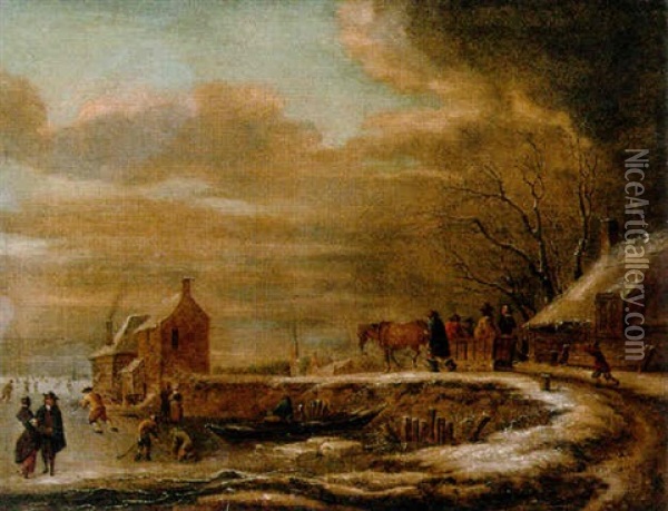 A Winterlandscape With A Horse-drawn Sledge On A Road By A Farmhouse, Kolfers And Skaters On A Frozen Waterway Nearby Oil Painting - Nicolaes Molenaer