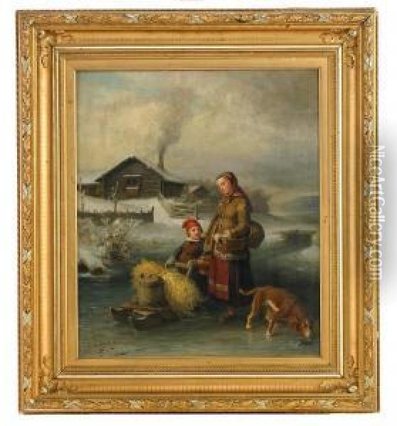 Vinterlandskap Med Mor Och Barn Vid Stuga Oil Painting - Bengt Nordenberg