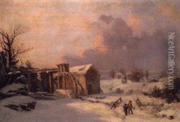 Figures By A Mill In A Winter Landscape Oil Painting - Thomas Birch