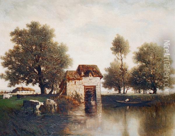 Cattle Watering By A Mill Oil Painting - Gilbert Davis Munger