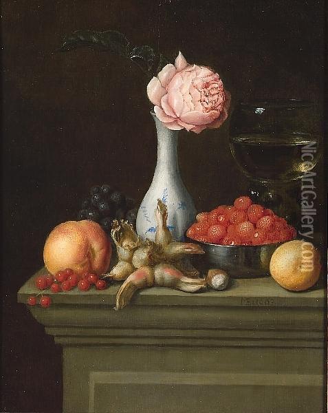 A 
 Of White Wine, A Bowl Of Wild Strawberries, Peaches, Grapes, Cobb Nuts And Redcurrants On A Stone Ledge With A Rose In A Blue And White Vase Oil Painting - Matheus Bloem
