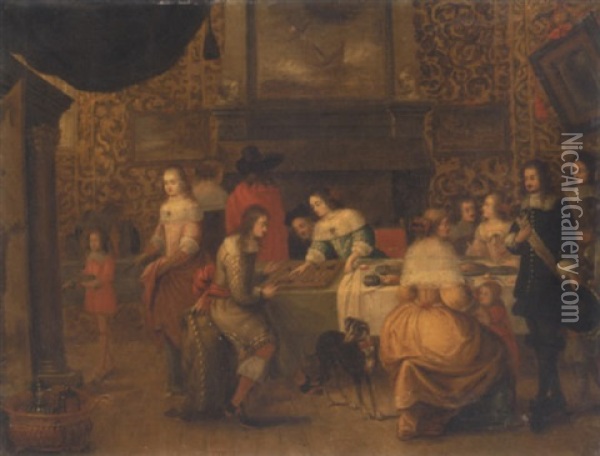 Interior With An Elegant Company Playing Backgammon Oil Painting - Hieronymous (Den Danser) Janssens
