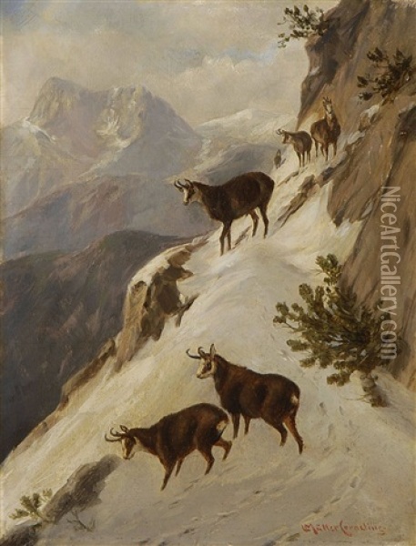 Gamsen Im Winterlichen Gebirge Oil Painting - Ludwig Mueller-Cornelius